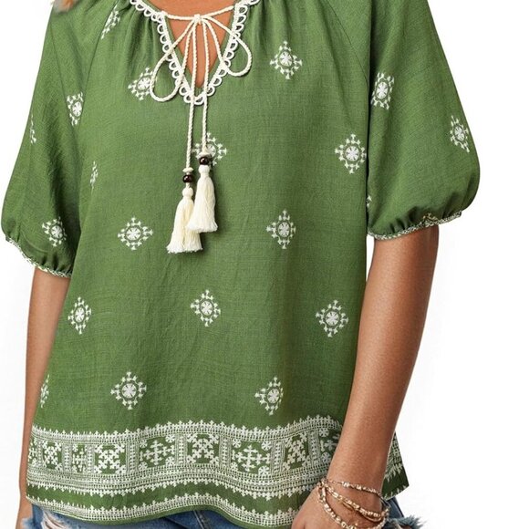 Womens Summer Boho Floral Blouse, Green Floral, XL - Picture 2 of 7